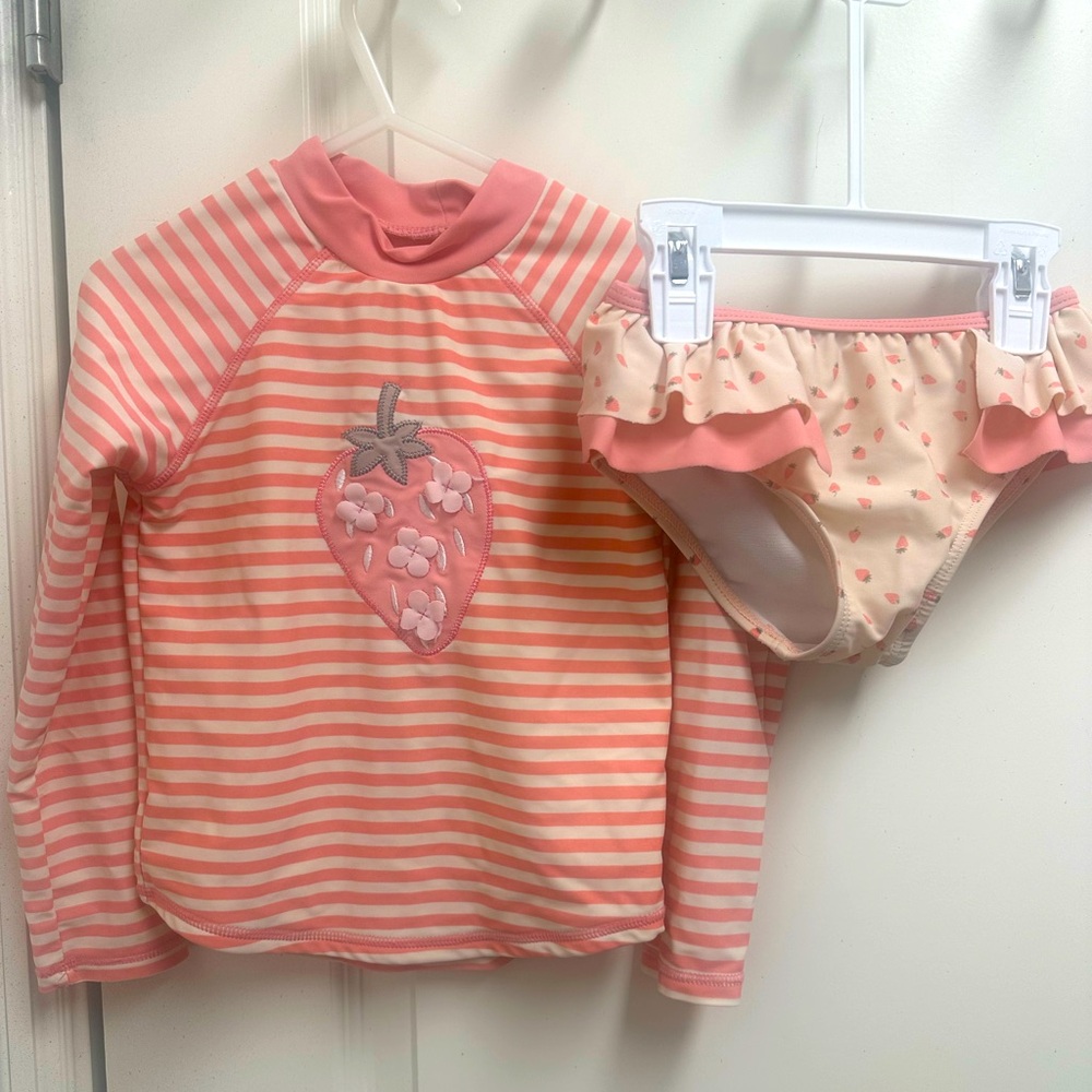 Girls SZ 5 Pink & Cream Strawberry Kids Rash guard Bikini Swim Set
